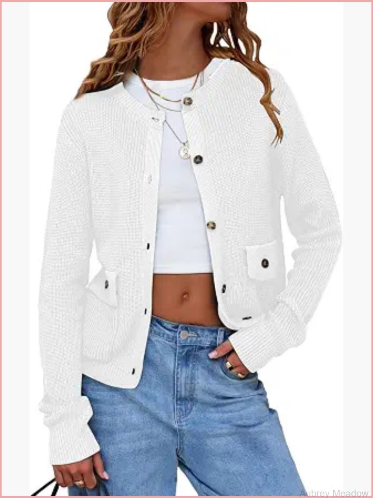 Womens Knit Cardigan Sweater Open Front Crewneck Button Down Jacket With Pockets